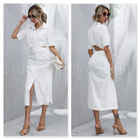 White Button Front Cut Out Back Midi Dress Short Sleeve Ruched Hips Collared - Picture 1 of 10